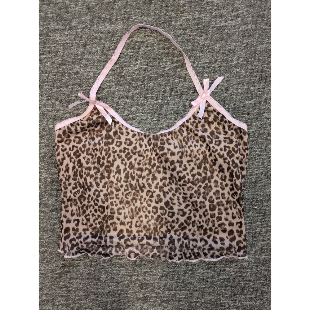 SHEIN Women's Size M Leopard Print Mesh Halter Top Pink Bows Y2K